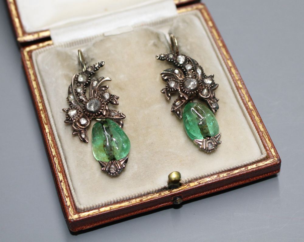 A pair of antique yellow metal, emerald and rose cut diamond set foliate earrings, with GCS certificate dated 14/02/20.